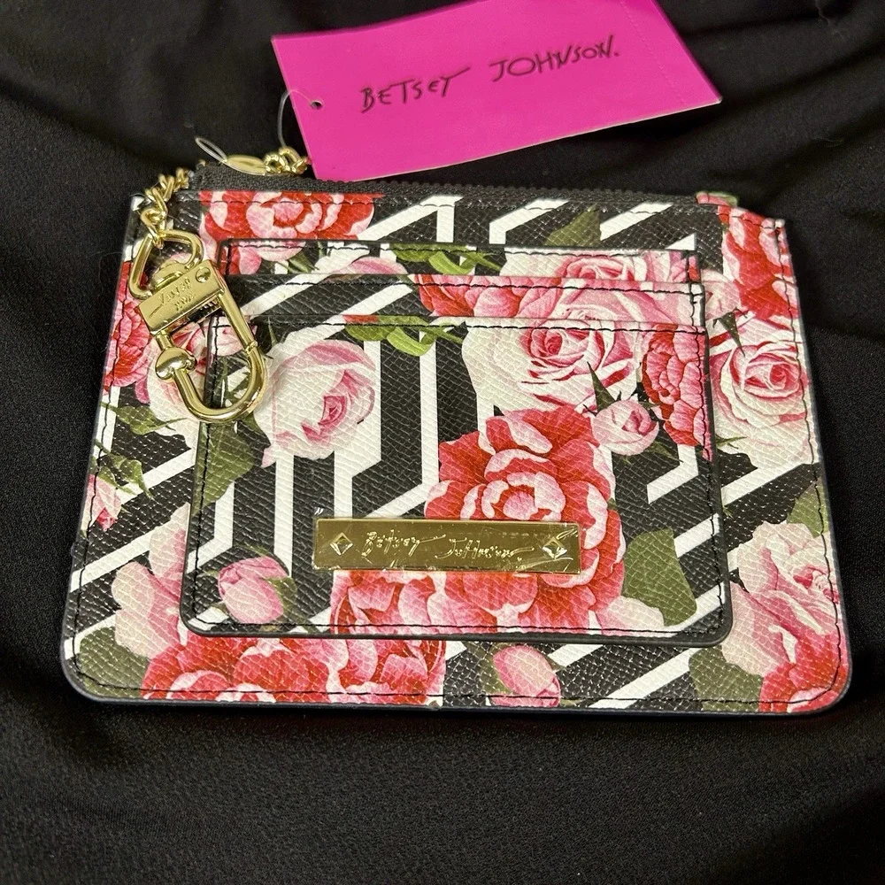 Betsey Johnson New Black White Rose Floral Credit Card Wallet Keychain Clutch